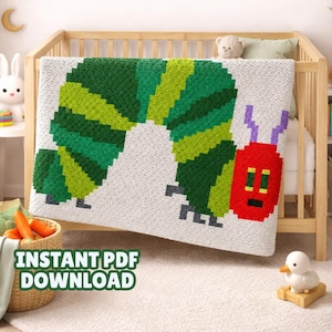 May include: A crocheted blanket with a caterpillar design in green, red, and white. The blanket is draped over a cot. The text "INSTANT PDF DOWNLOAD" is visible on the image.
