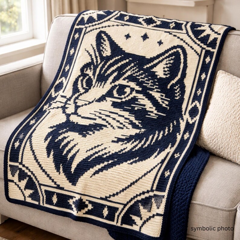 May include: A navy blue and cream-colored knitted throw blanket featuring a detailed cat face design. The blanket is draped over a gray sofa, showcasing a geometric border and a cozy, textured appearance. The words "symbolic photo" are in the bottom right corner.