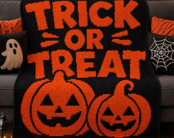 Trick or Treat Crochet Blanket Pattern | Halloween Mosaic Crochet Throw | Jack O Lantern Afghan PDF