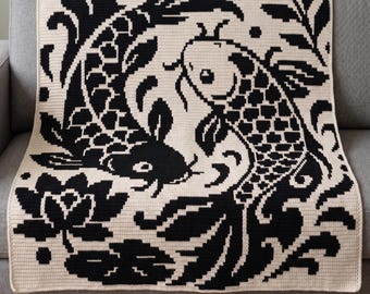 Koi Fish Crochet Blanket Pattern | Mosaic Overlay Crochet Throw | Japanese Inspired Afghan PDF | Koi Pond Blanket