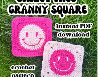 Smiley Face Granny Square Crochet Pattern – Happy Square PDF Tutorial – Instant Digital Download