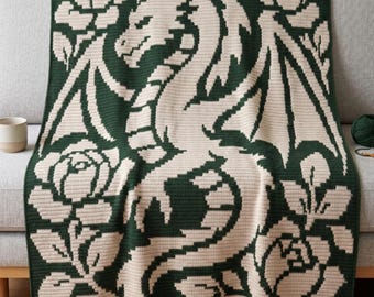 Dragon & Roses Mosaic Overlay Crochet Blanket Pattern | Fantasy Dragon Afghan | Floral Dragon PDF
