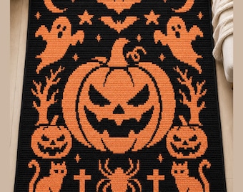 Halloween Night Mosaic Overlay Crochet Blanket Pattern | Halloween Crochet Throw | Jack O Lantern Afghan PDF
