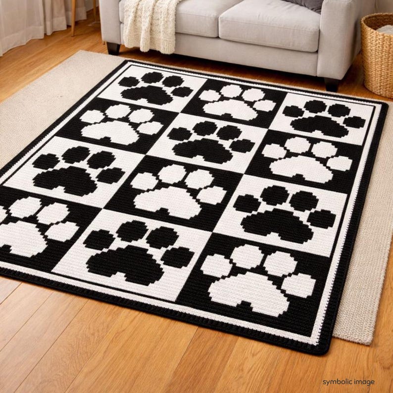 Square Paw Print Rug Paw Print Crochet Blanket Pattern | Overlay Mosaic Crochet Throw | Two ...