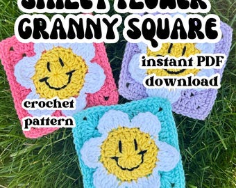Smiley Daisy Granny Square Crochet Pattern: Retro Flower (PDF Digital Download)