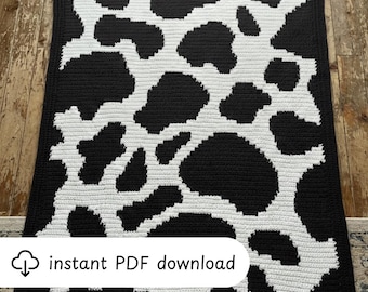 Patrón PDF de manta de crochet con mosaico superpuesto de estampado de vaca