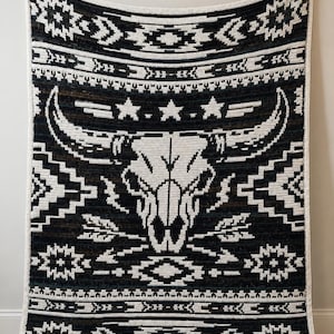 Patrón de manta de crochet con calavera de toro del oeste / Manta de mosaico con superposición del suroeste / Manta geométrica occidental / PDF de dos colores