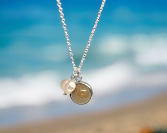 Sand Jewelry Pendant Keepsake Necklace with Pearl Charm on Sterling Silver