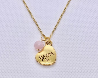 Handmade "Mom" Gold Pendant + Gemstone Necklace (21 Color Options)