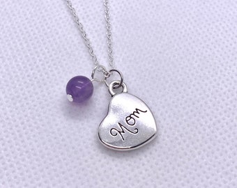 Handmade "Mom" Sterling Silver Pendant + Gemstone Necklace (21 Color Options)