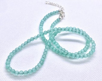 Handmade Aqua Cat's Eye Gemstone Beaded Necklace with Chain Extender