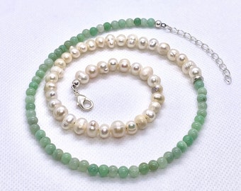 Handmade Freshwater Pearl + Jade Halfsie Gemstone Beaded Necklace with Chain Extender