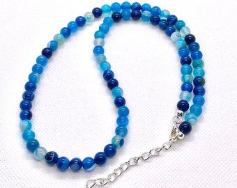 Handmade Blue Striped Agate Gemstone Beaded Necklace with Chain Extender