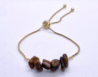 Yellow Tiger's Eye Gemstone and Gold Adjustable Gemstone Bar Bracelet