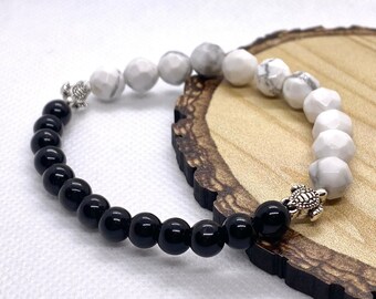 Black Onyx and Faceted Howlite Halfsie Gemstone Bracelet