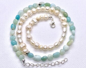 Handmade Freshwater Pearl + Amazonite Halfsie Gemstone Beaded Necklace with Chain Extender