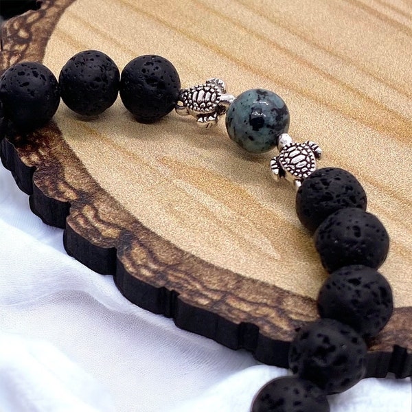 Black Lava and Blue Sesame Jade Gemstone Bracelet