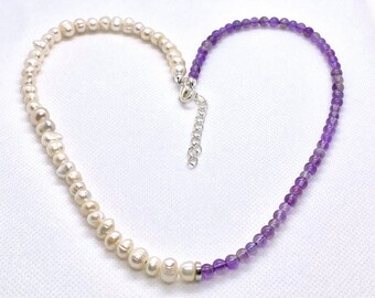 Handmade Freshwater Pearl + Amethyst Halfsie Gemstone Beaded Necklace with Chain Extender