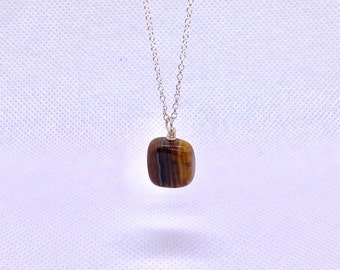 Handmade Yellow Tiger's Eye & Silver Gemstone Drop Pendant Necklace