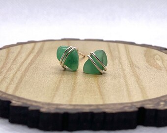 Handmade Wire-Wrapped Green Aventurine Gemstone Stud Earrings