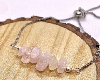 Rose Quartz and Silver Adjustable Gemstone Bar Bracelet