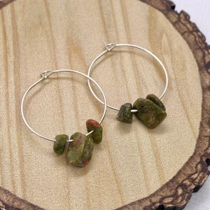 Handmade Unakite Gemstone Chip Hoop Earrings image 1