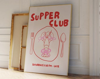 Supper Club Poster, Coquette Vintage Red Wall Art - Apartment Decor,Trendy Wall Art - Retro apartment decor for kitchens & bar carts
