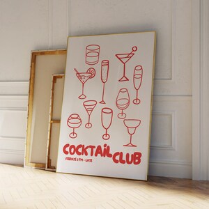 Cocktailclub barwagen kunst digitale print | Handgetekende print esthetische kamerdecoratie, cocktailposter, extra grote muurkunst, martiniprint