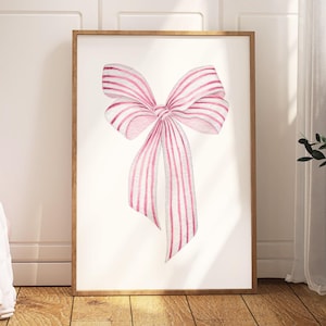 Rosa Schleife Wandkunst | Holzrahmen Drucke | Trendy Vintage Kunst, Adrette Grandmillennial Wanddekoration, Küstenenkelin, Kinderzimmer Kunst