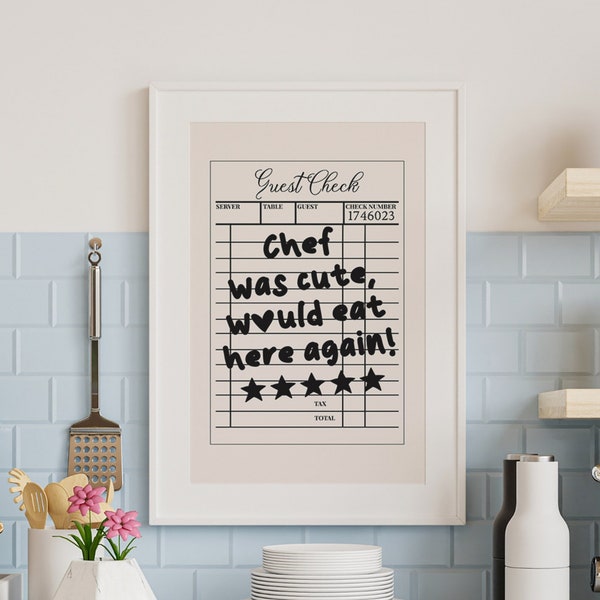 Guest Check Print - Trendy Kitchen Wall Art - Retro Wall Art - Chef Was Cute Would Eat Here Again - Dining Room Poster - Preppy Pink Art