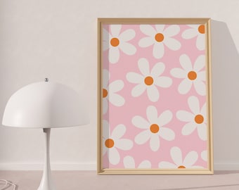 Retro Pink Daisy Art Print - Hippie Floral Wall Decor (Digital Download)