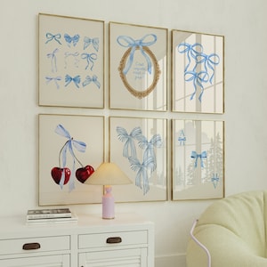 Coquette Room Decor Blue Bows Wall Art Set of 6, Trendy Wall Art, College Apartment Decor, Watercolor Bows Print, Nursery Wall Art