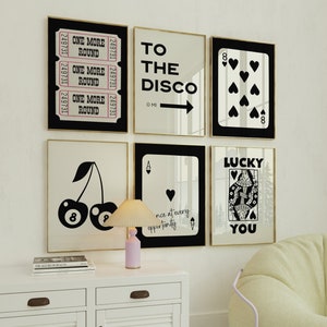 Zestaw 6 modnych nadruków, estetyczne neutralne nadruki na wózki barowe, plakat Lucky You Funky Playing Cards Prints, modna sztuka do druku retro