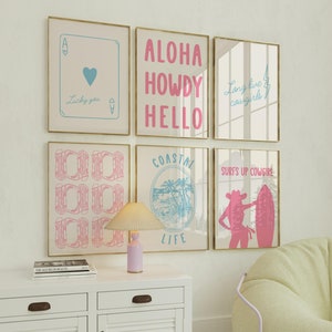 Juego de 6 impresiones de arte de pared en rosa y azul con vaquera costera, arte de pared occidental, arte playero, póster imprimible de estética preppy, impresiones de pared para dormitorio