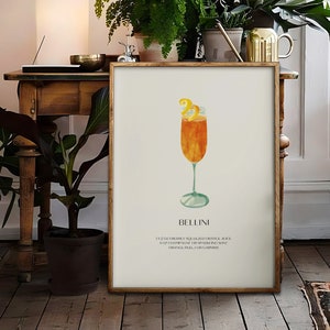 Cocktail Wall Art Watercolor Prints, Alcohol Poster Bar Cart Art Bellini Downloadable, Preppy Wall Art Kitchen Apartment Retro