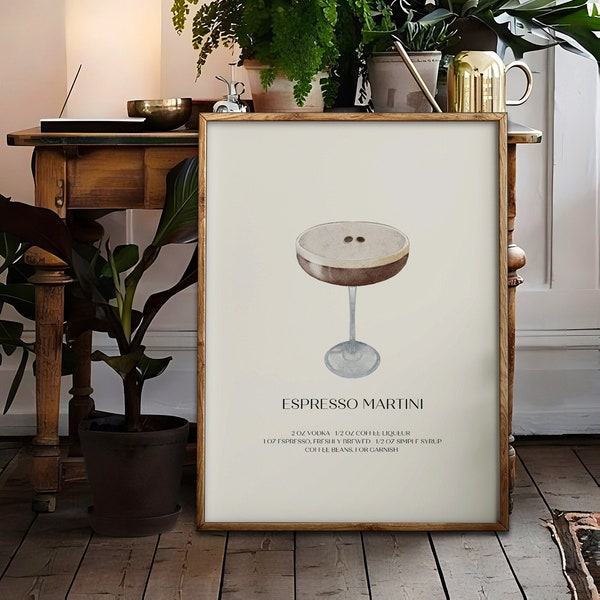 Cocktail Wall Art Watercolor Prints, Alcohol Bar Cart Art Espresso Martini Downloadable Prints, Aesthetic Posters Set Oversized Wall Art