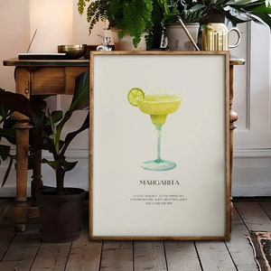 Cocktail Wall Art Minimalist Watercolor Prints, Mid Century Alcohol Poster Bar Cart Print Margarita, Downloadable Extra Large Wall Art