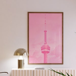 Arte de pared imprimible de la Torre CN - Arte de pared de Toronto - Póster de la ciudad - Arte de pared rosa - Horizonte de Toronto - Arte de pared elegante y de estética retro de moda