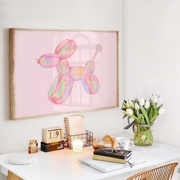 Balloon Dog Art Print - Watercolor Wall Art - Apartment Wall Art Living Room Modern - Preppy Pink Prints Boho Eclectic Home Decor