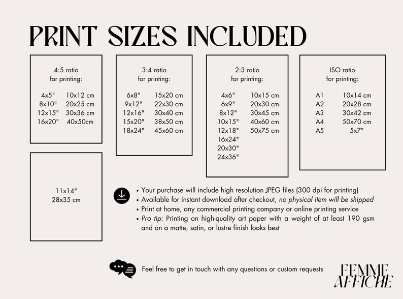 May include: A white graphic with black text outlining different print sizes for digital downloads. The text includes "Print Sizes Included" and lists various sizes in inches and centimeters, including 4x5, 8x10, 12x15, 16x20, 6x8, 9x12, 12x16, 15x20, 18x24, 4x6, 6x9, 8x12, 10x15, 12x18, 16x24, 20x30, 24x36, A1, A2, A3, A4, and A5. The text also includes "Your purchase will include high resolution JPEG files (300 dpi for printing). Available for instant download after checkout, no physical item will be shipped. Print at home, any commercial printing company or online printing service. Pro tip: Printing on high-quality art paper with a weight of at least 190 gsm and on a matte, satin, or lustre finish looks best. Feel free to get in touch with any questions or custom requests. FEMME AFFICHE"