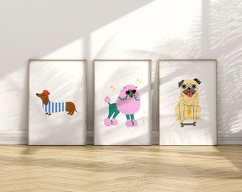 Dog Art Print - Set of 3 Posters - Bright Animal Art - Colorful Kids Room - Childrens Room Decor - Digital Prints