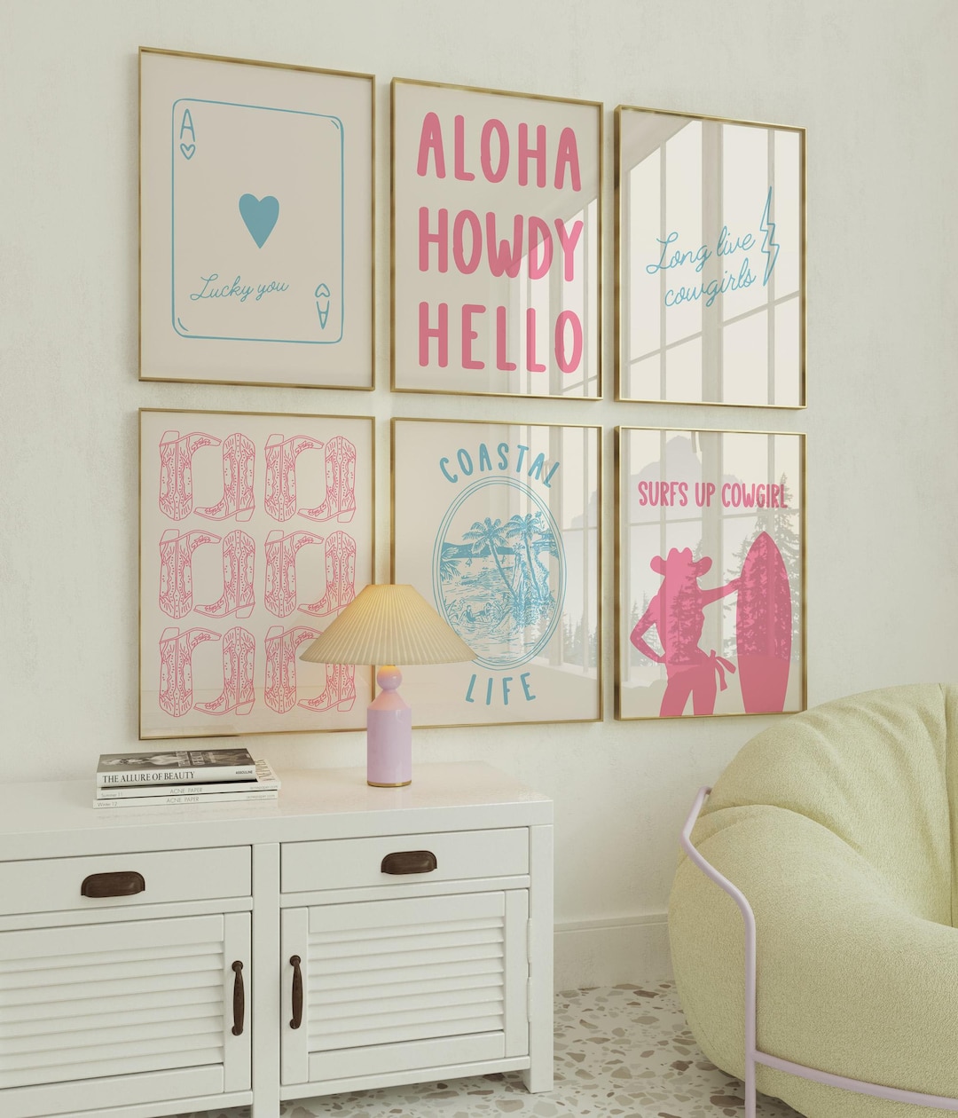 Coastal Cowgirl Wall Art Set: Pink & Blue Preppy Prints (digital ...
