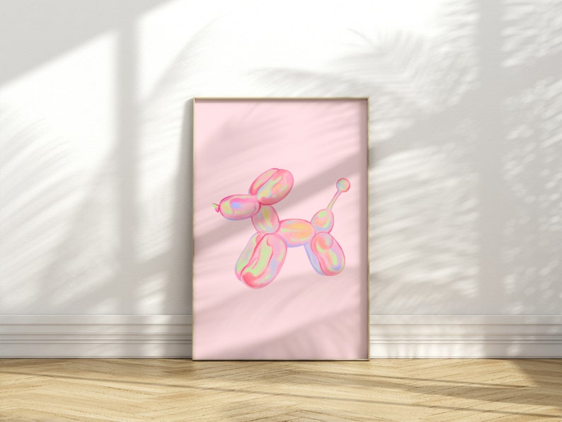 Balloon Dog Watercolor Wall Art, Apartment Wall Art Living Room Modern, Preppy Pink Prints Boho Eclectic Home Decor Downloadable Prints image 1