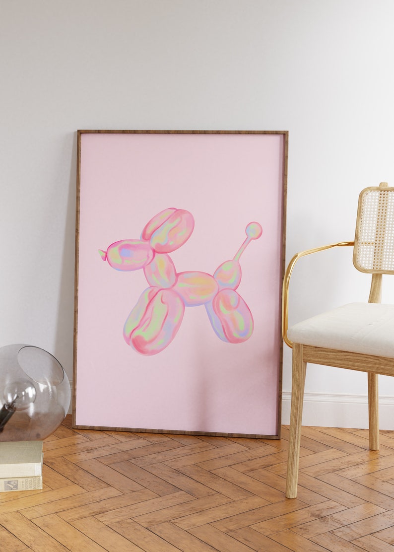 Balloon Dog Watercolor Wall Art, Apartment Wall Art Living Room Modern, Preppy Pink Prints Boho Eclectic Home Decor Downloadable Prints image 2