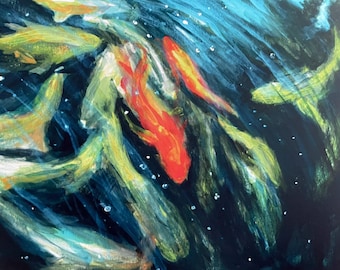 The Koi Pond - 8x10” Giclee Print of Original Gouache Painting, Koi Pond Art, Koi Fish Art Print, Koi Fish Painting, Koi Pond, Gouache Art