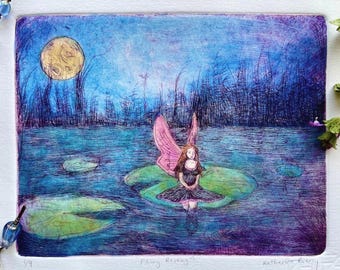 Fairy Resting - 7x8” Watercolor Intaglio Print, Fairy Art Print, Kids Art, Nursery Art Gift, Drypoint Print, Fantasy Art Print, Printmaking