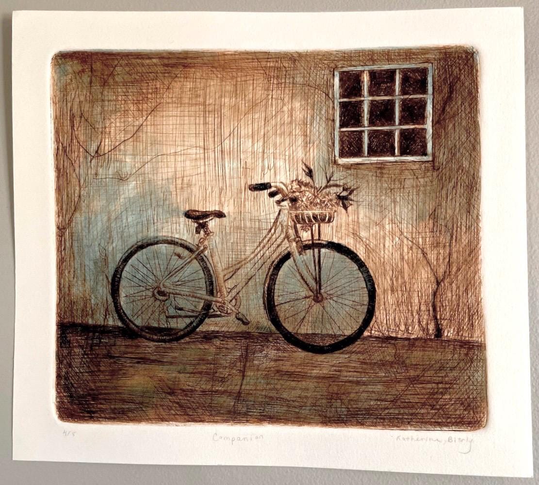 バーナード-ザロン作【SPOKES】自転車をモチーフとした版画 　25/150 コンパニオン - 8.25x9.25インチ 水彩凹版画、素朴なアートプリント