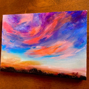 The Drive Home - Small 5x7” Acrylic Painting, Mini Sunset Painting, Desk Decor, Small Sunset Landscape Painting, Small Art, Sunset Art