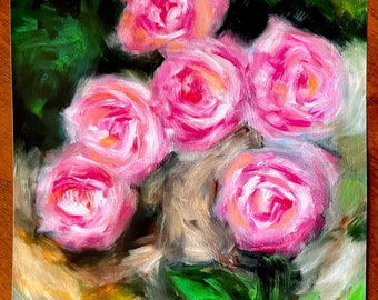 Pink Rose Garden 8 x 10" Art Print of Original Oil Painting