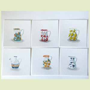 Mini Pitcher Paintings, 3x3" Tiny Watercolor Pottery Illustrations, Whimsical Kitchen Art, Small Unframed Minimalist Paintings